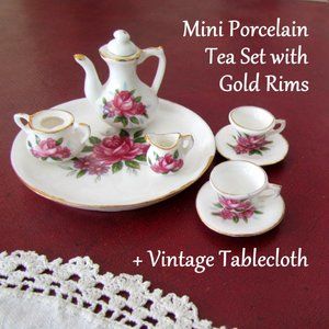 MINI TEA SET, VINTAGE CHINA TEA for TWO DOLLS, GOLD RIMS, By LU PAO + TABLECLOTH